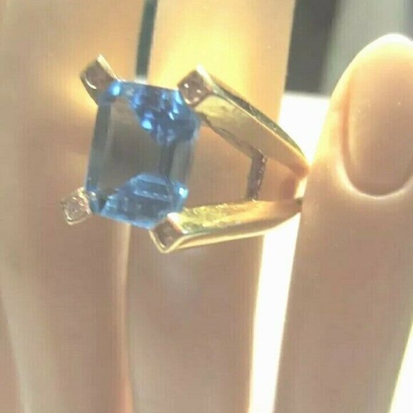 Blue Topaz & Diamond Ring 14K Custom Design Vintage - Picture 9 of 9